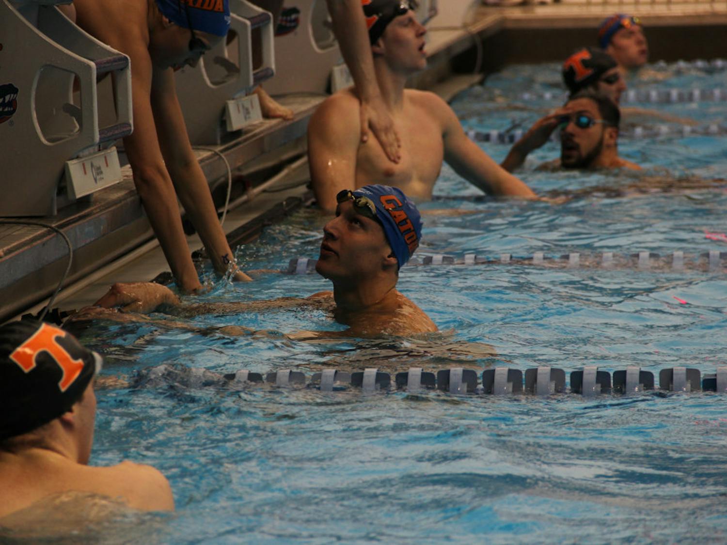 Caeleb Dressel rests in the water during Florida’s 183-117 win against Tennessee on Jan. 28, 2017, at the O’Connell Center.