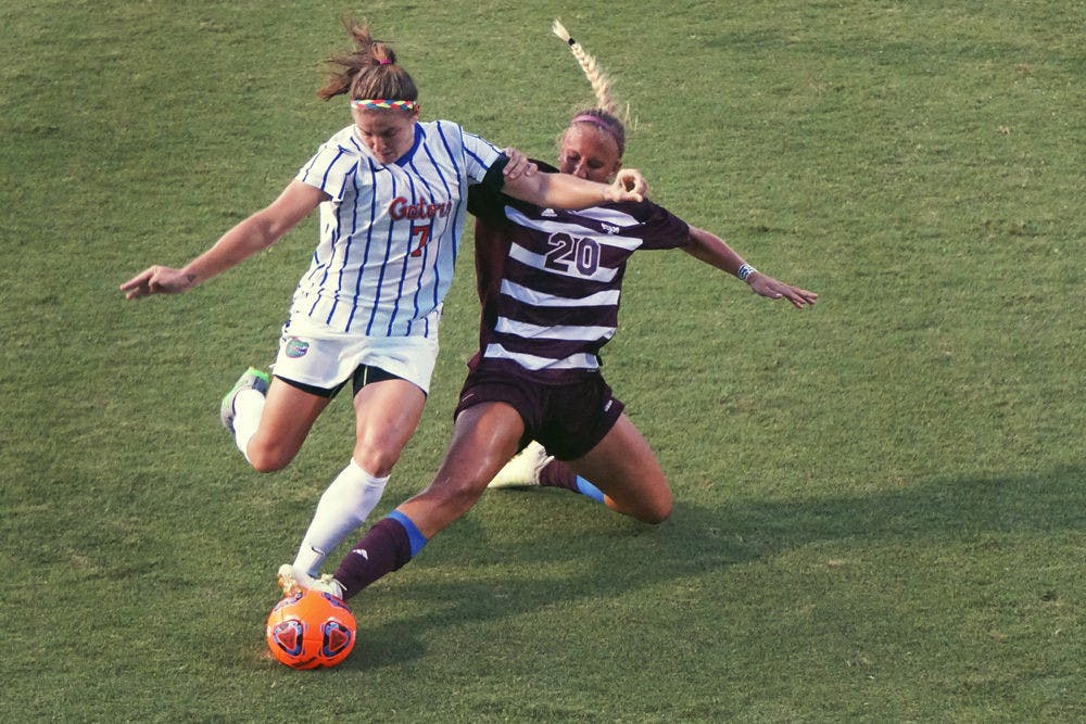UF forward Savannah Jordan shoots during Florida's 2-1 loss to Texas A&amp;M on Sept. 10, 2015, at Donald R. Dizney Stadium.