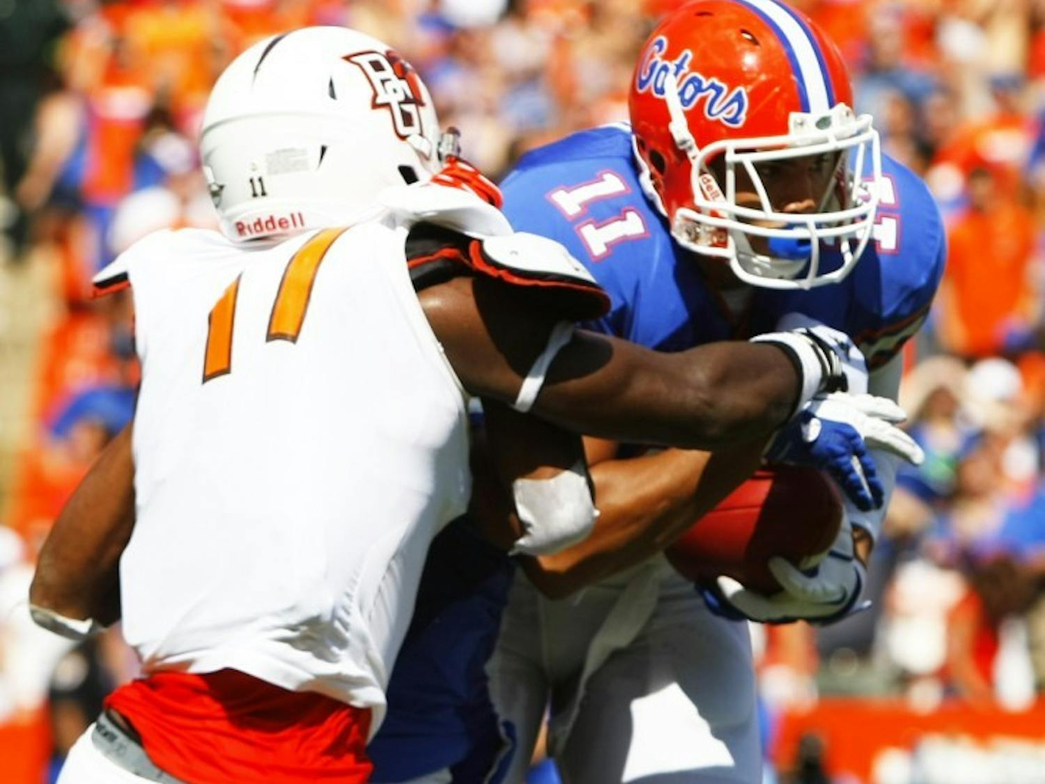 Tight end Jordan Reed (11) breaks a tackle during UF's 27-14 win against Bowling Green University on Sept. 1 at Ben Hill Griffin Stadium.