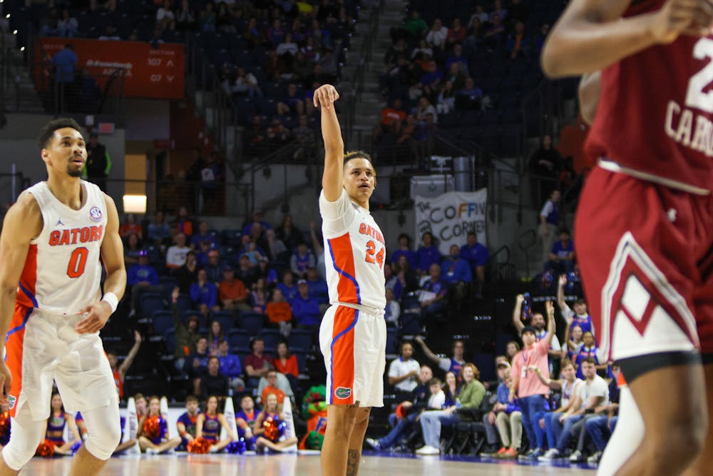 Florida guard Riley Kugel puts up a shot in the Gators 81-60 win against the South Carolina Gamecocks Wednesday, Jan. 25, 2023.