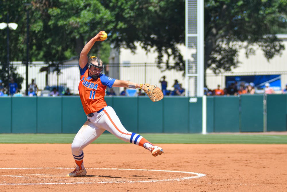 Despite tossing nine strikeouts on two hits, Kelly Barnhill's performance was marred by the surrender of two home runs to Oklahoma State pitcher Samantha Show.