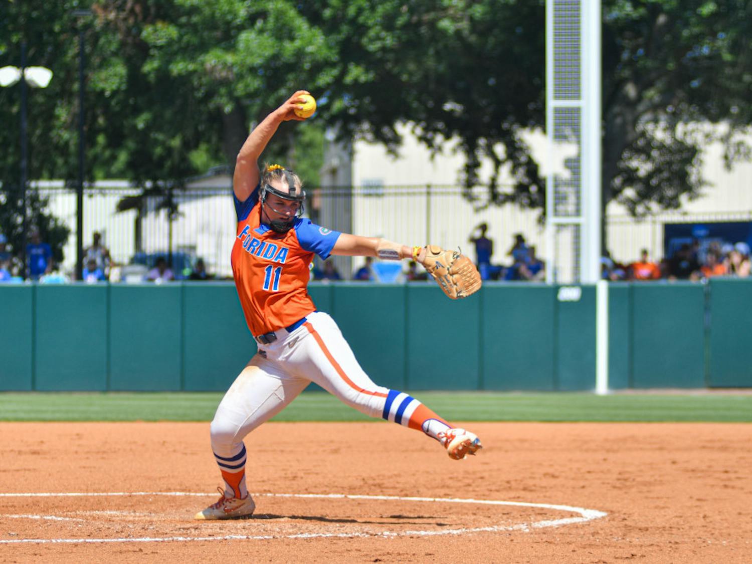 Despite tossing nine strikeouts on two hits, Kelly Barnhill's performance was marred by the surrender of two home runs to Oklahoma State pitcher Samantha Show.