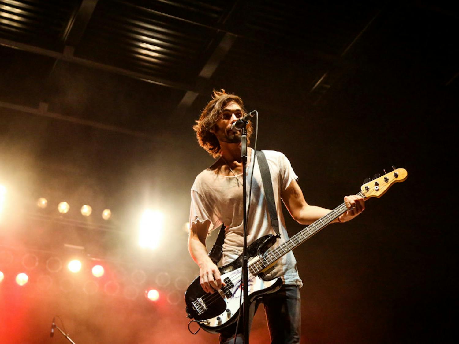 Tyson Ritter, the lead singer of The All-American Rejects, performs during the free “Rock the Vote” concert on Friday evening on Flavet Field.