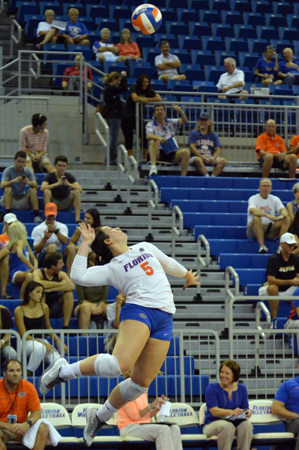 <p>Taylor Unroe jumps to serve the ball during Florida's 3-0 win against Georgia Southern on Friday in the O'Connell Center.</p>