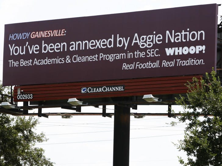 A billboard near the intersection of Northwest 13th Street and Northwest 53rd Avenue promoting Texas A&amp;M University caught the attention of media outlets nationwide. A Texas A&amp;M spokesman said the university isn’t responsible for the billboard.