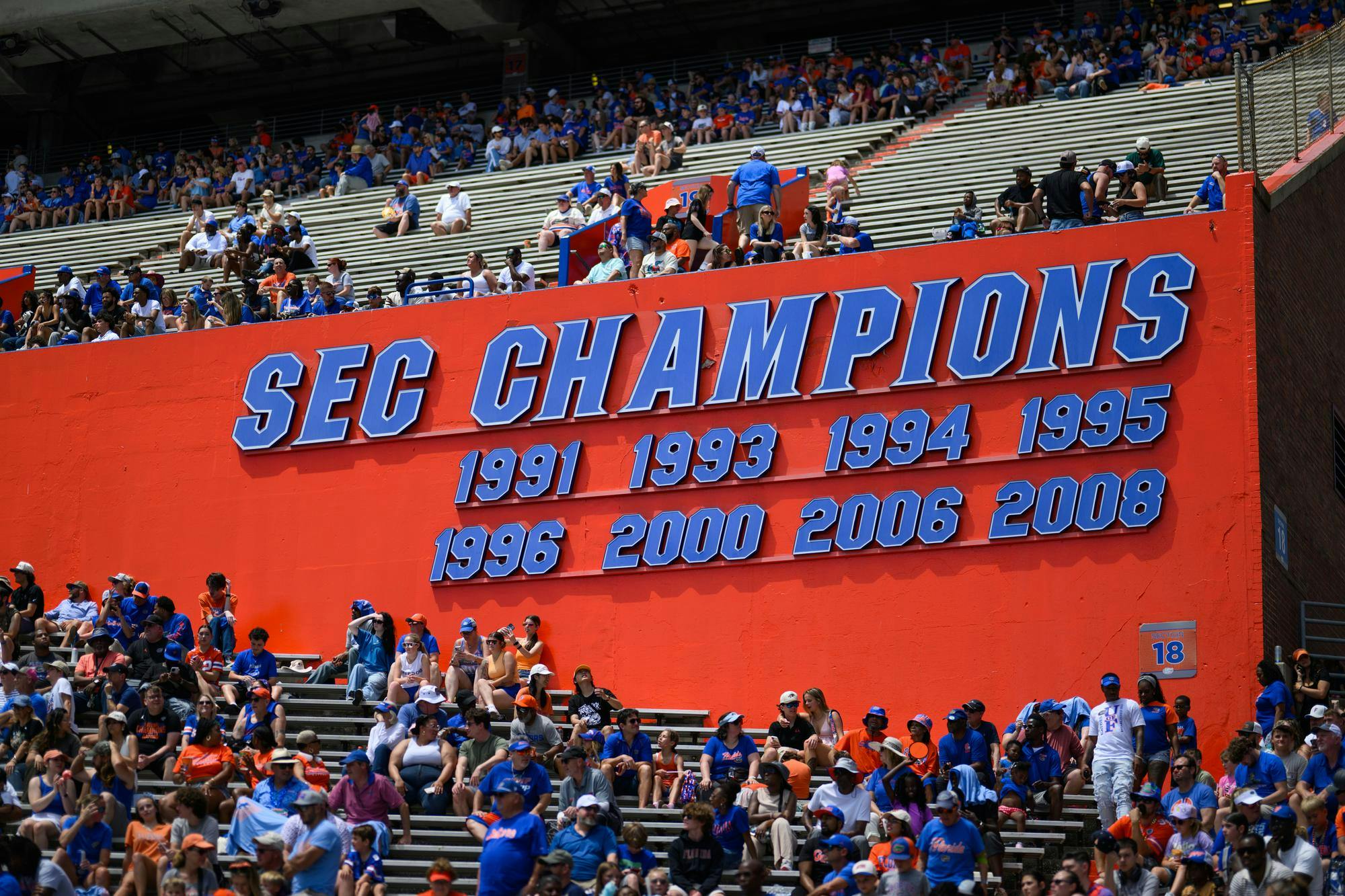 A sign showing the Gators past SEC Championships inside Ben Hill Griffin Stadium.