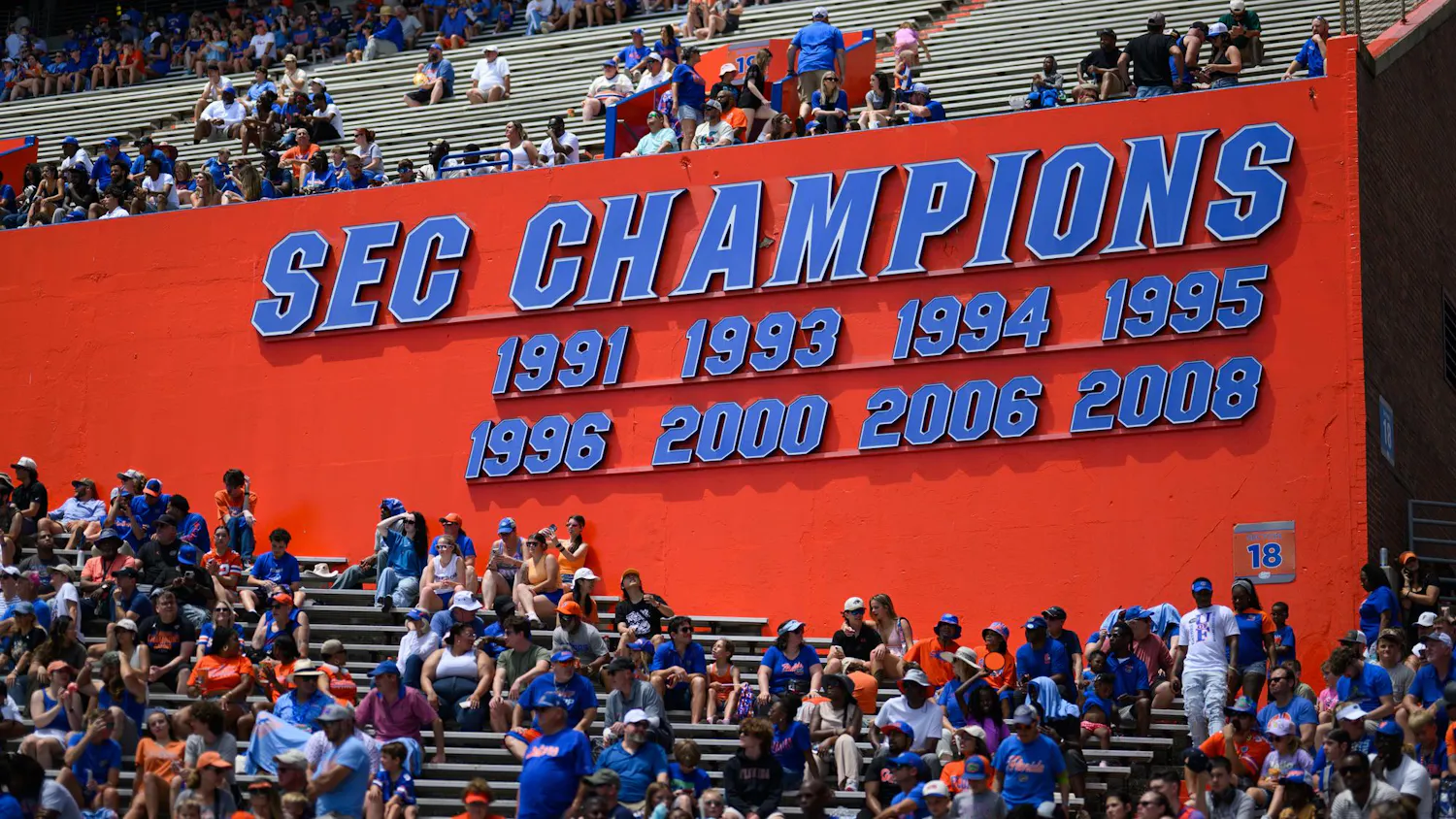 A sign showing the Gators past SEC Championships inside Ben Hill Griffin Stadium.