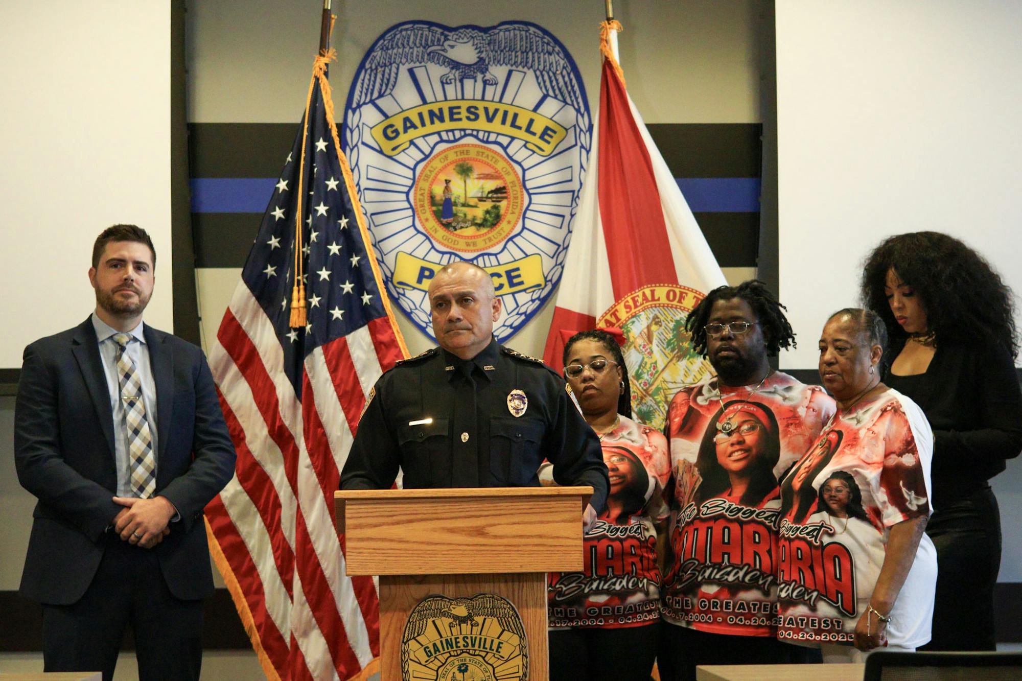 Gainesville Police Chief Nelson Moya addresses the media during a press briefing on Tuesday, Aug. 19, 20205. Moya is joined by the family of Ontaria Neveah Baisden, who lost her life in a gang-related shooting in April. 
