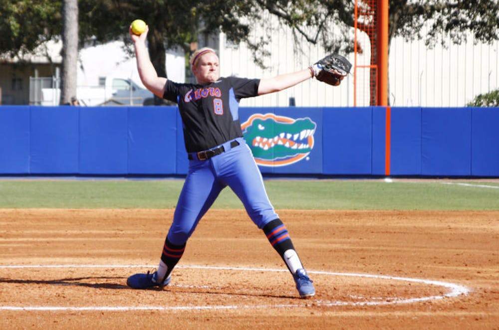 <p>Sophomore Alyssa Bache pitches in the Florida Lipton Invitational. Bache surrendered six runs in four innings of work against Ole Miss on Sunday.</p>