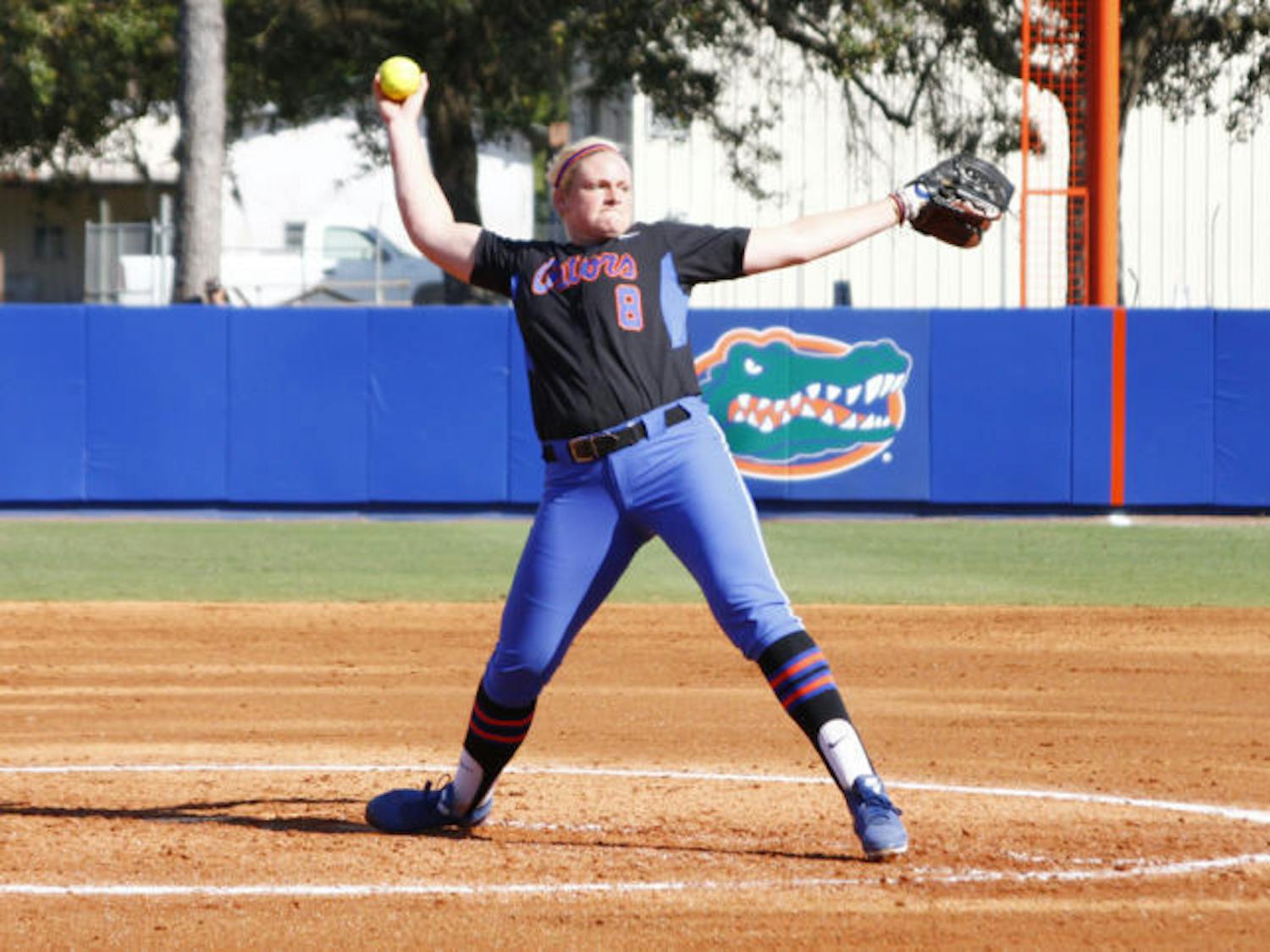 Sophomore Alyssa Bache pitches in the Florida Lipton Invitational. Bache surrendered six runs in four innings of work against Ole Miss on Sunday.