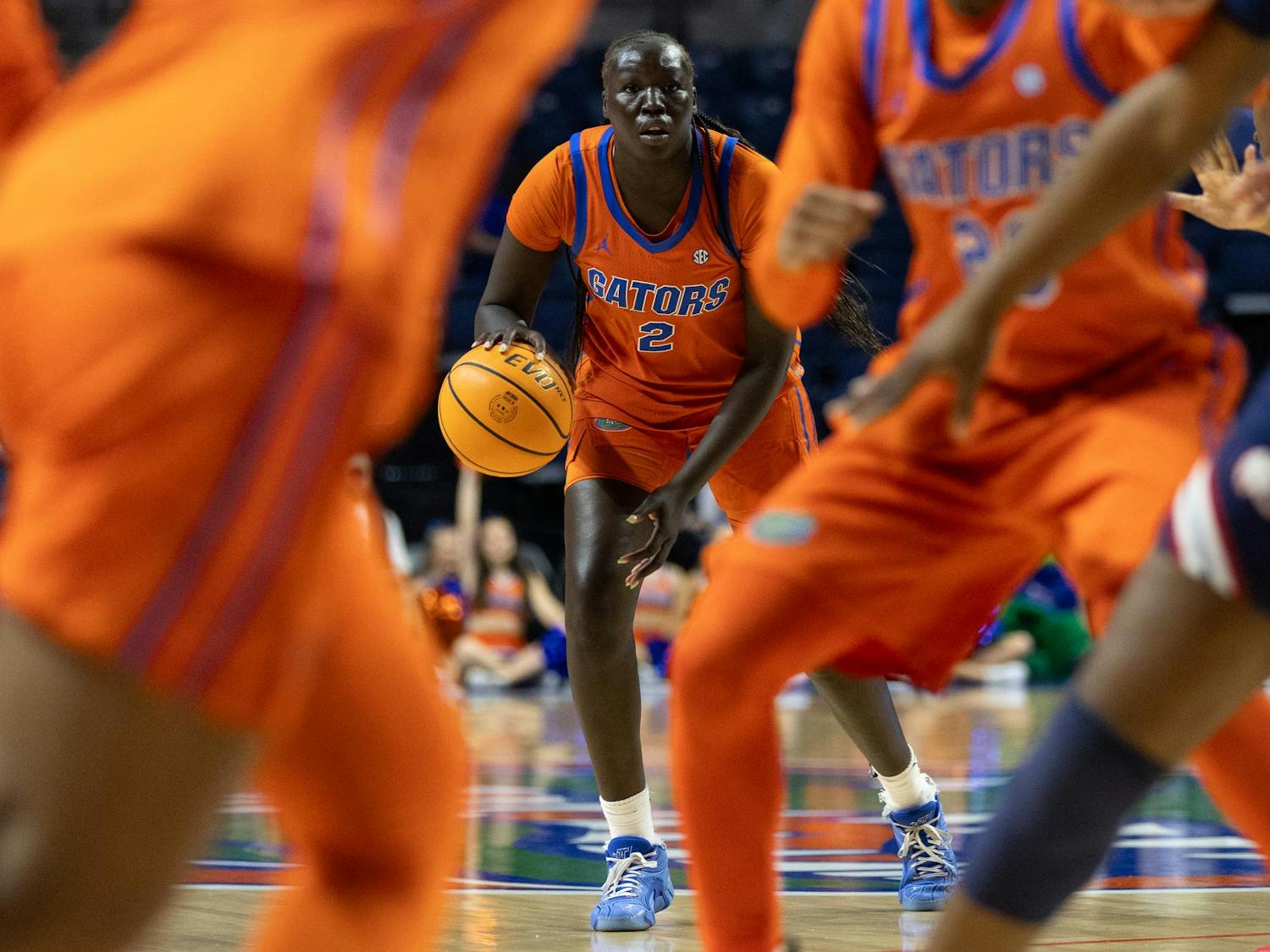 Florida Gators forward Nyadieng Yiech (2) looks for a lane during a NCAA college basketball game against South Alabama, Sunday, Dec. 7, 2025, in Gainesville, Fla.