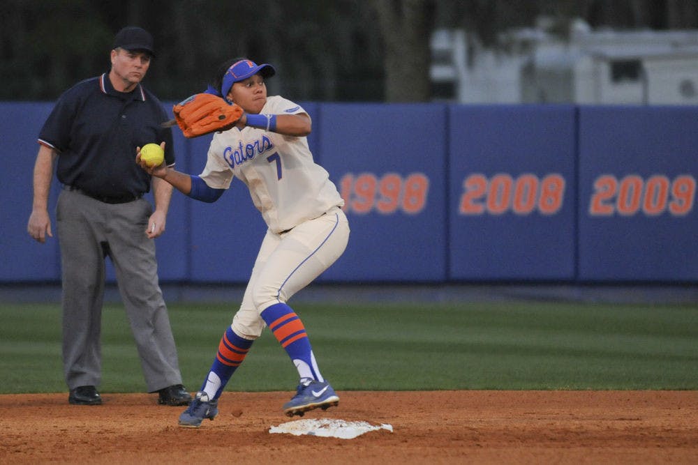 <p>Kelsey Stewart fields a ball during Florida's doubleheader sweep of Jacksonville on Feb. 17, 2016 at Katie Seashole Pressly Stadium.</p>