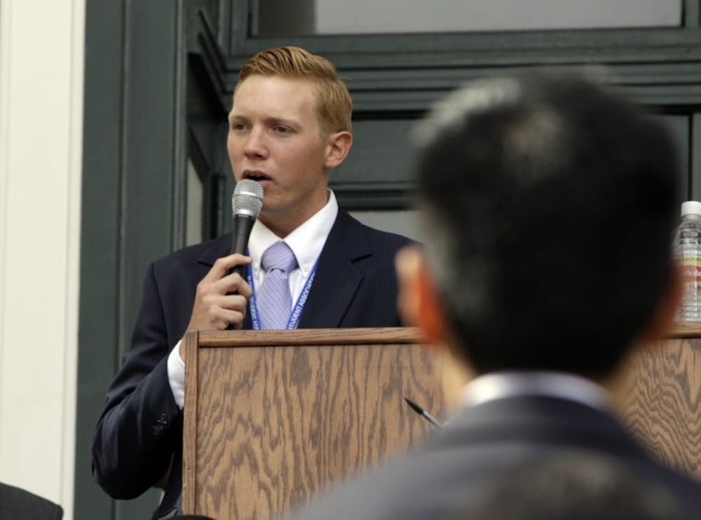 <p>Florida Student Association chairman Michael Long, of New College of Florida, speaks to a crowd of students at the annual Rally in Tally.</p>