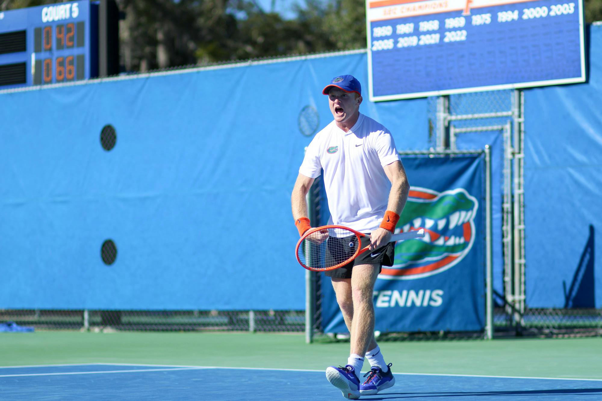 Florida freshman Jonah Braswell celebrates during the Gators' 5-2 loss to the Texas Longhorns Sunday, Jan. 15, 2023.