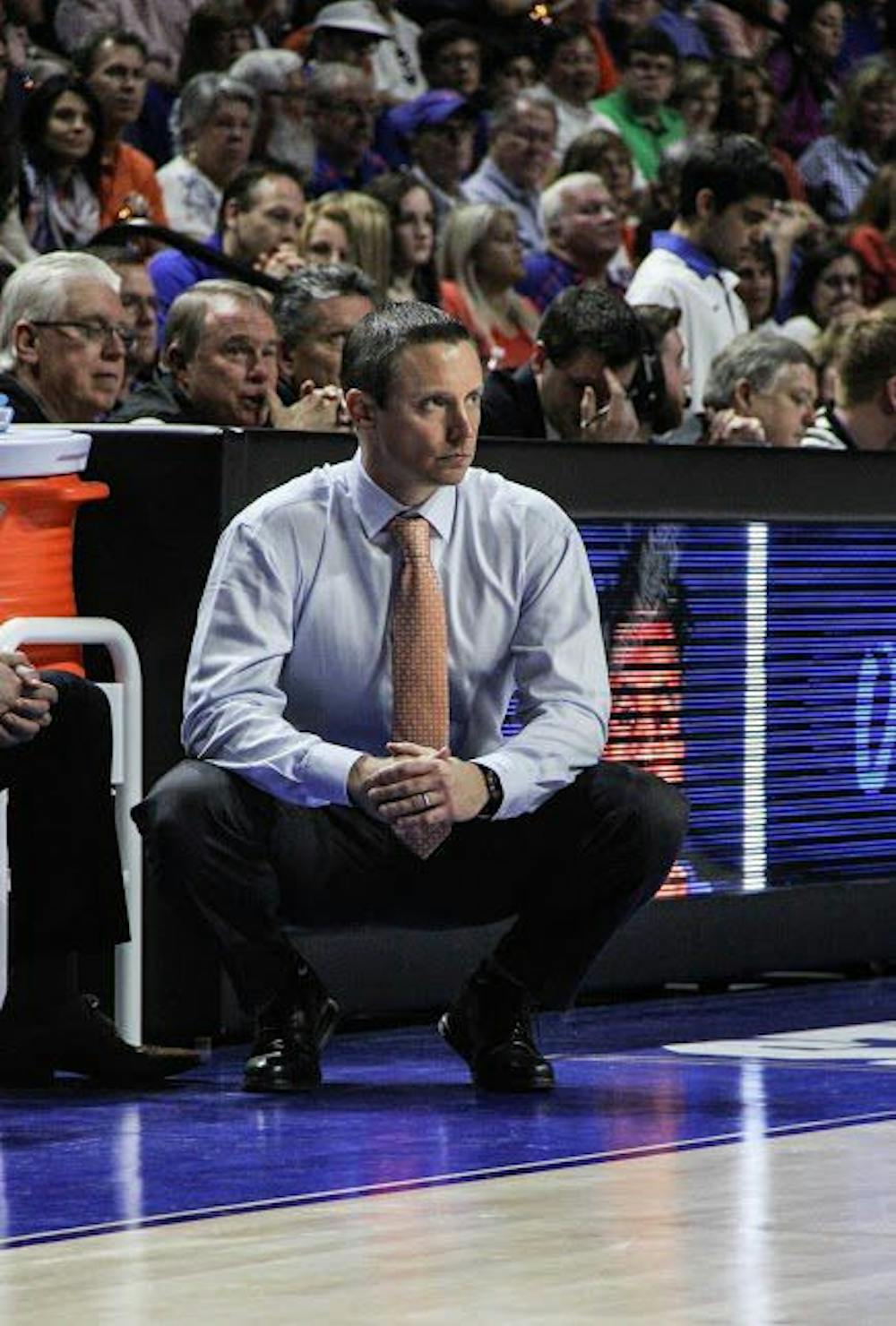 <p>UF head coach Mike White looks on in Florida's 80-76 win against Georgia on Jan. 14, 2017, at the O'Connell Center.&nbsp;</p>