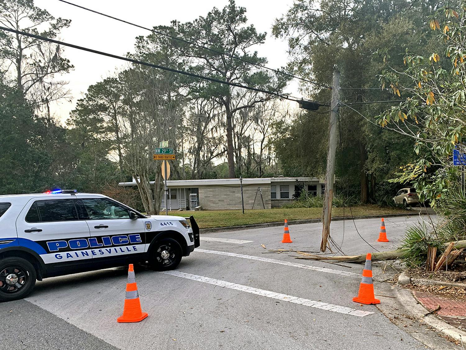 An electrical pole was damaged after a car crash on the corner of Northwest 29th Street and University Avenue on Monday, Jan. 25, 2021. This crash occurred nine days after the car crash on West University Avenue that killed UF student Sophia Lambert and left five others hospitalized.