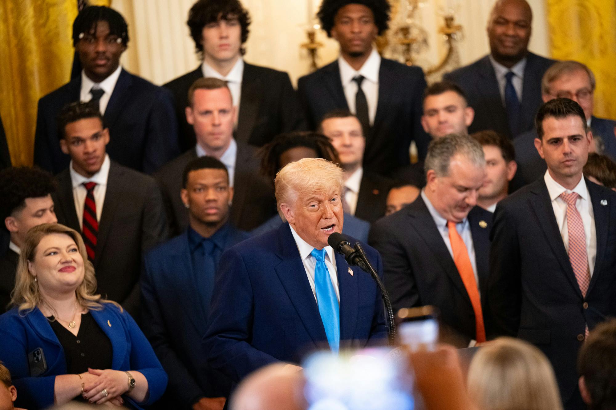 President Donald Trump speaks during the Florida Gators Men's Basketball team visit to the White House in Washington D.C., on Wednesday, May 21, 2025.