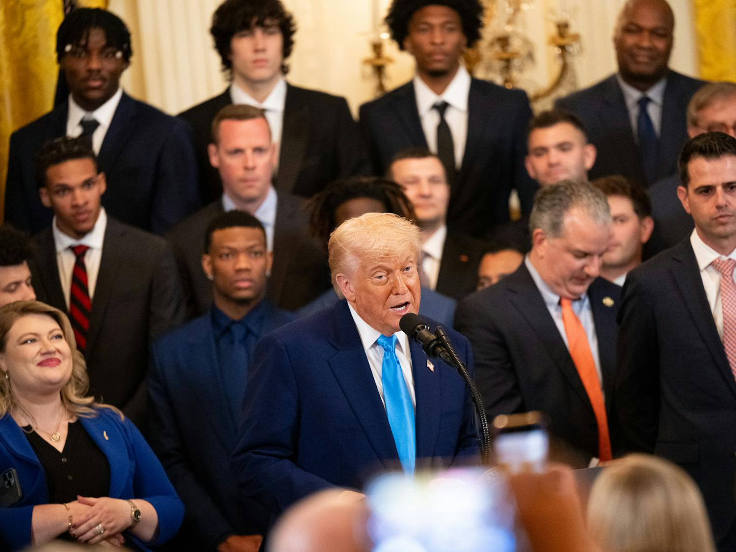 President Donald Trump speaks during the Florida Gators Men's Basketball team visit to the White House in Washington D.C., on Wednesday, May 21, 2025.