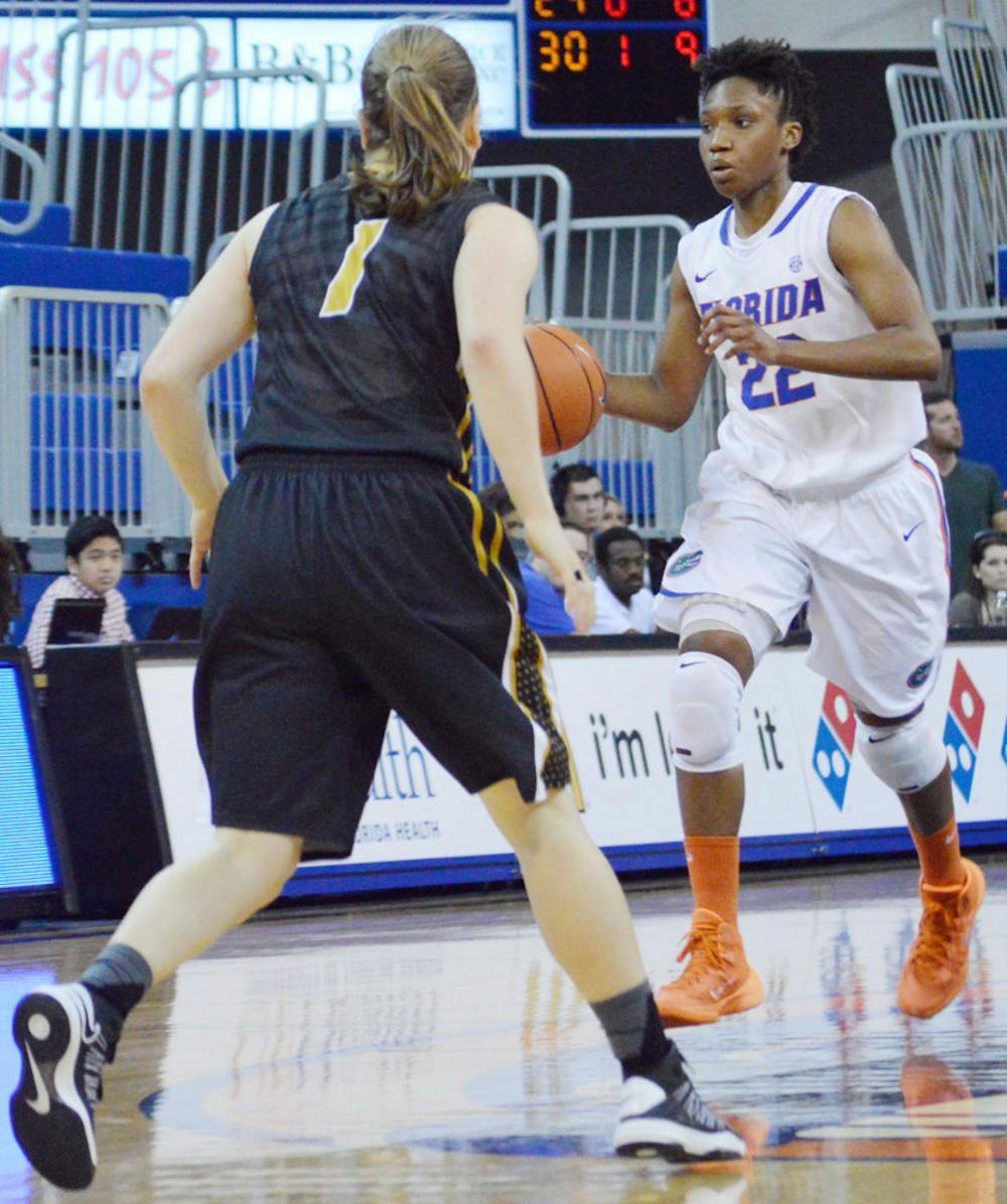 <p>Kayla Lewis drives down the court during Florida’s 81-76 loss against Missouri on Feb. 20 in the O’Connell Center.</p>