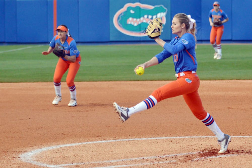 <p>Hannah Rogers pitches during Florida’s 8-0 win against Indiana on Feb. 21 at Katie Seashole Pressly Stadium.</p>