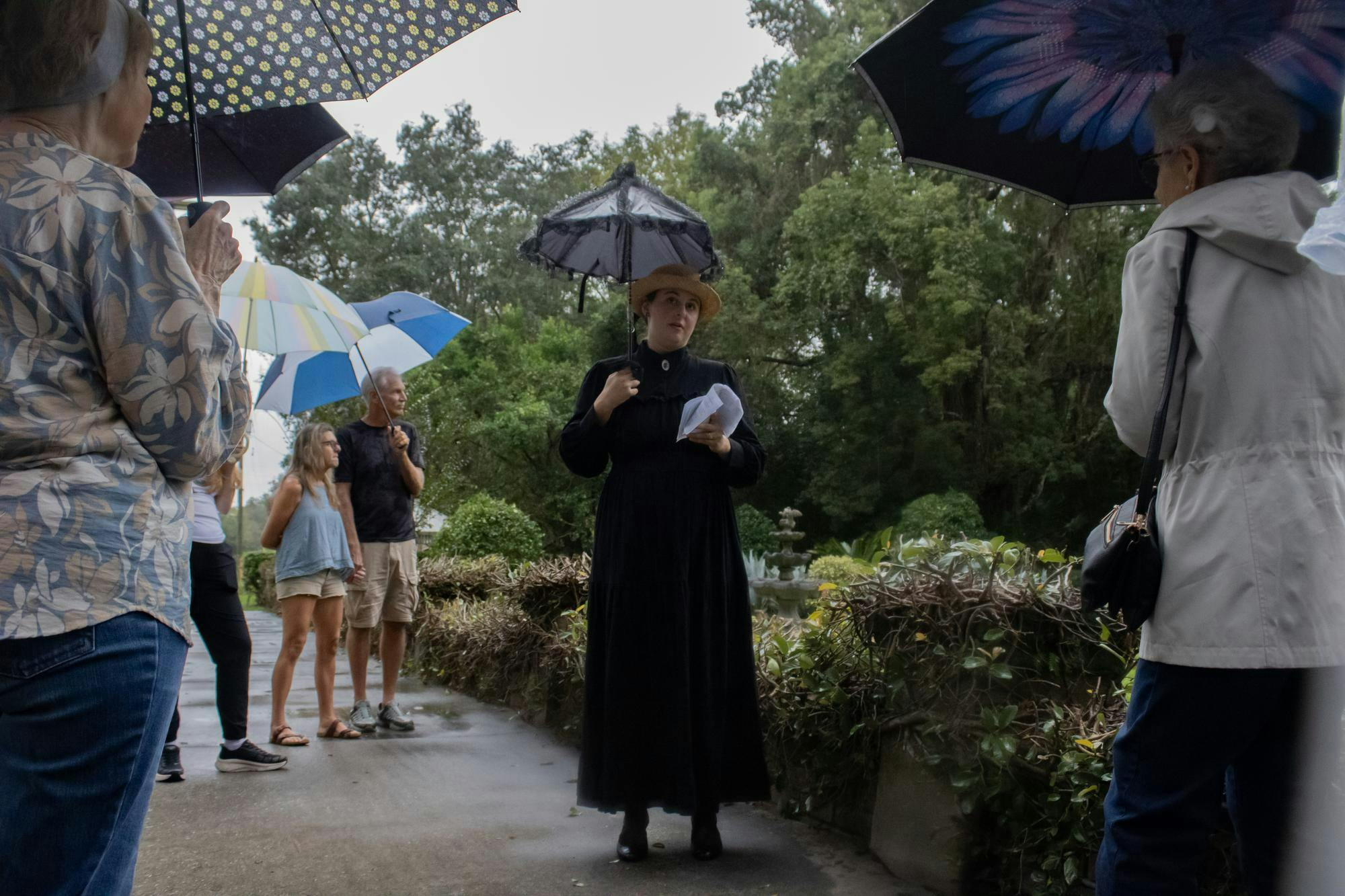 Ghost tour guide Megan Beckham speaks to tour guests, Friday, Oct. 9, 2026, in Micanopy, Fla.