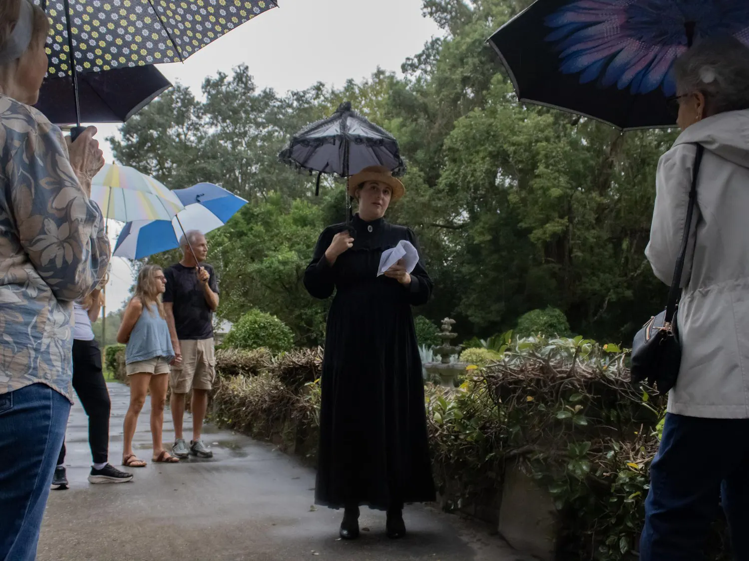 Ghost tour guide Megan Beckham speaks to tour guests, Friday, Oct. 9, 2026, in Micanopy, Fla.