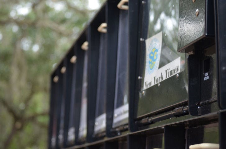 Turlington Plaza’s news racks have recently been filling up with fliers and documents without permission from UF Business Affairs. The campuswide New York Times subscription was not renewed by Student Government, leaving the racks devoid of their intended publications.