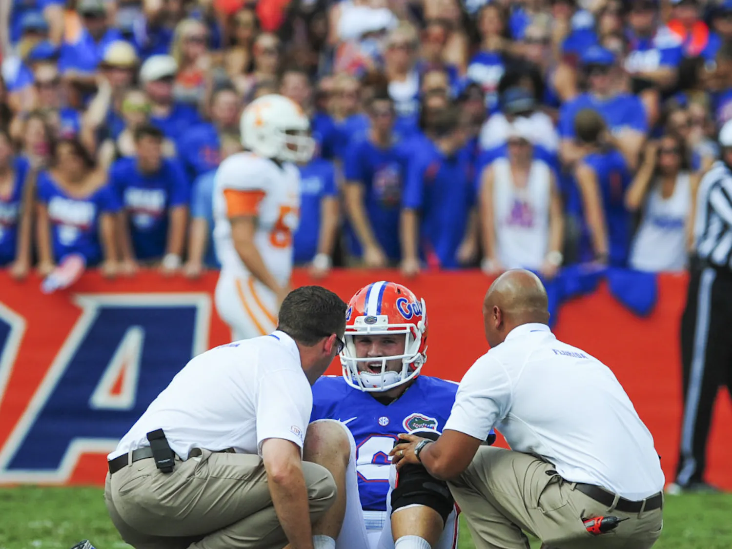 Quarterback Jeff Driskel is attended to by trainers during Florida's 31-17 win against Tennessee on Saturday in Ben Hill Griffin Stadium. Driskel will miss the remainder of the season with a fractured right fibula.
