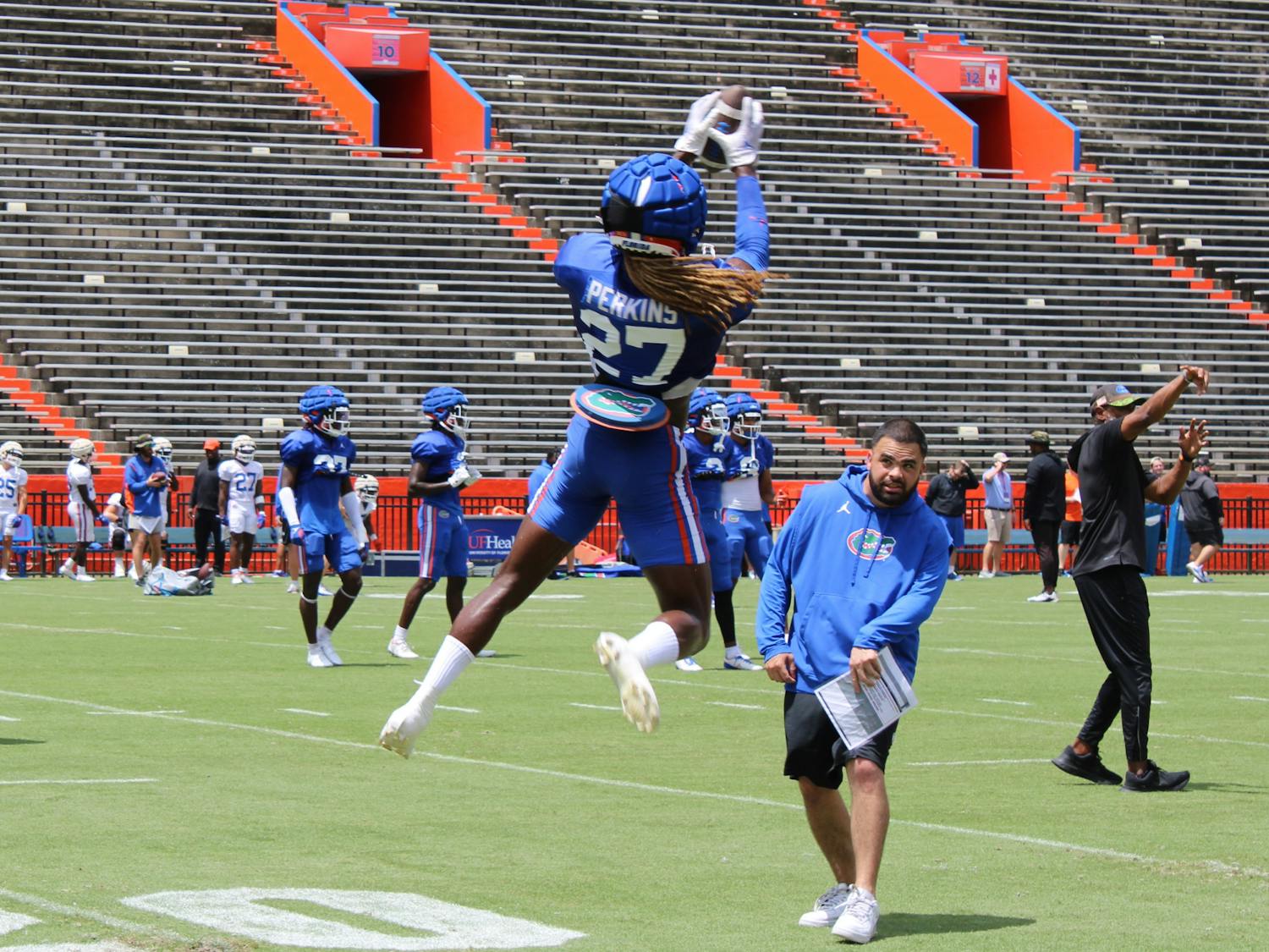 Senior safety Jadarrius Perkins competes in a drill before the Gators' scrimmage Friday, Aug. 18, 2023.
