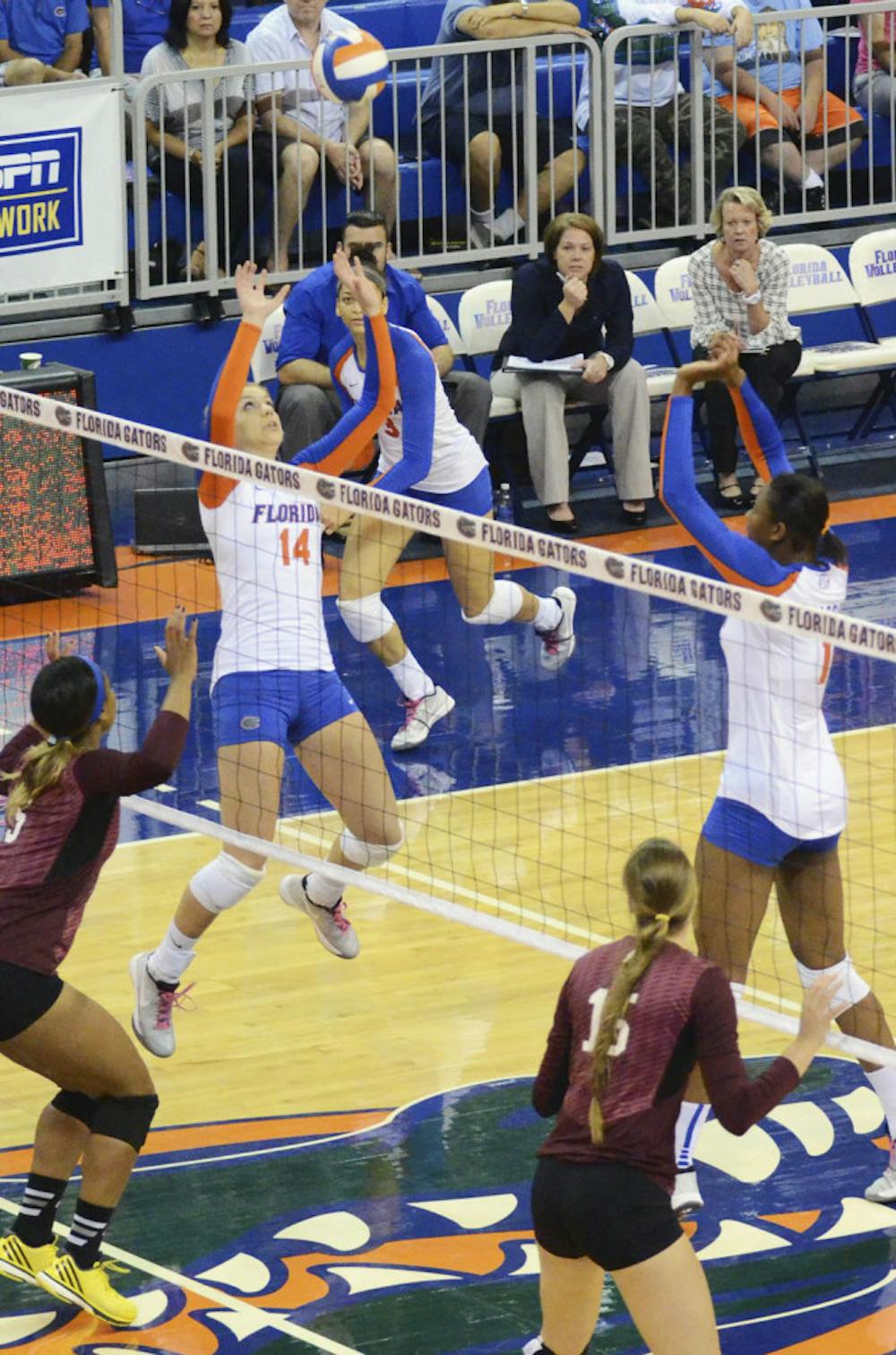 <p>Abby Detering sets the ball during Florida's 3-0 win against Mississippi State on Sunday in the O'Connell Center</p>