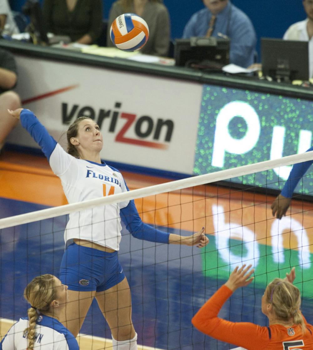 <p>Senior middle blocker Betsy Smith combined with Tangerine Wiggs and Chloe Mann to record a season high in blocks per match. Florida defeated Louisiana Lafayette and Georgia Tech Saturday in the Stephen C. O'Connell Center.</p>