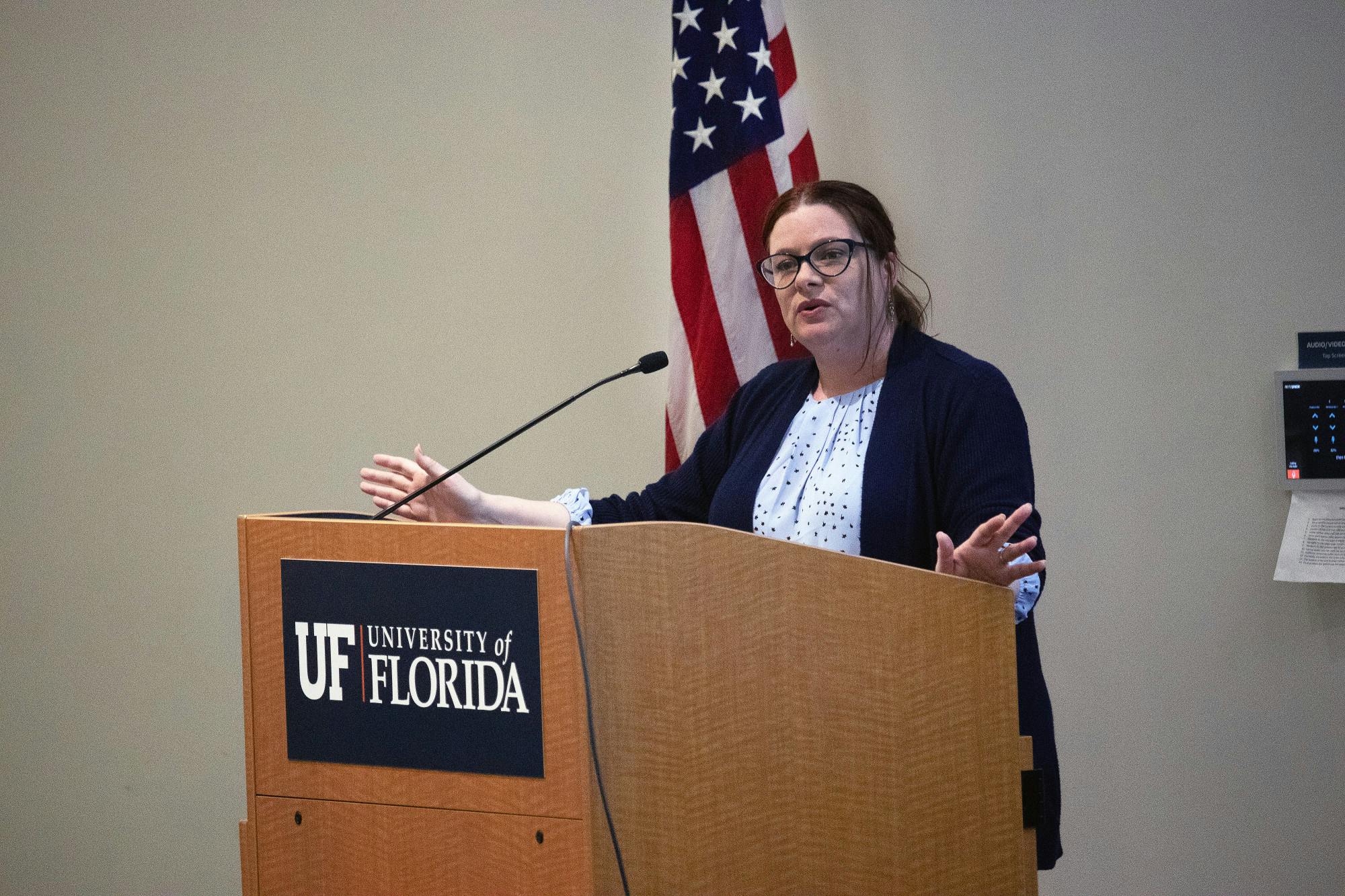 UF Faculty Senate President Amanda Phalin goes over the goals for the meeting Thursday, Jan. 19, 2023.