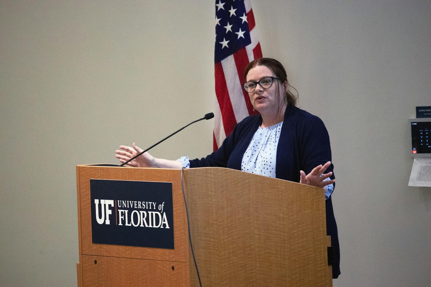UF Faculty Senate President Amanda Phalin goes over the goals for the meeting Thursday, Jan. 19, 2023.