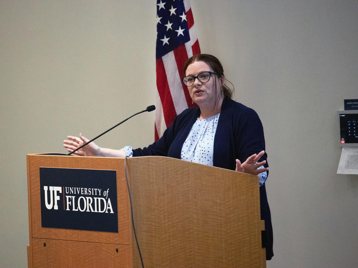 UF Faculty Senate President Amanda Phalin goes over the goals for the meeting Thursday, Jan. 19, 2023.