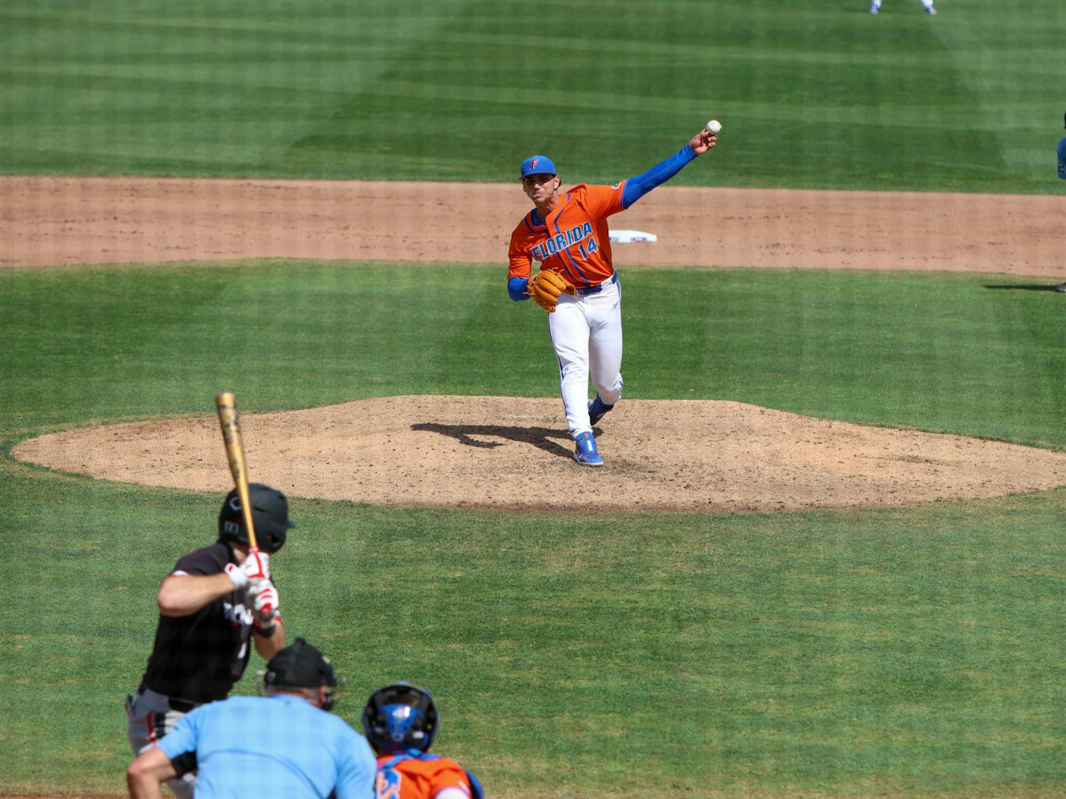 Florida pitcher Jac Caglianone delivers a pitch in the Gators' 13-7 victory against the Cincinnati Bearcats Sunday, Feb. 26, 2023.