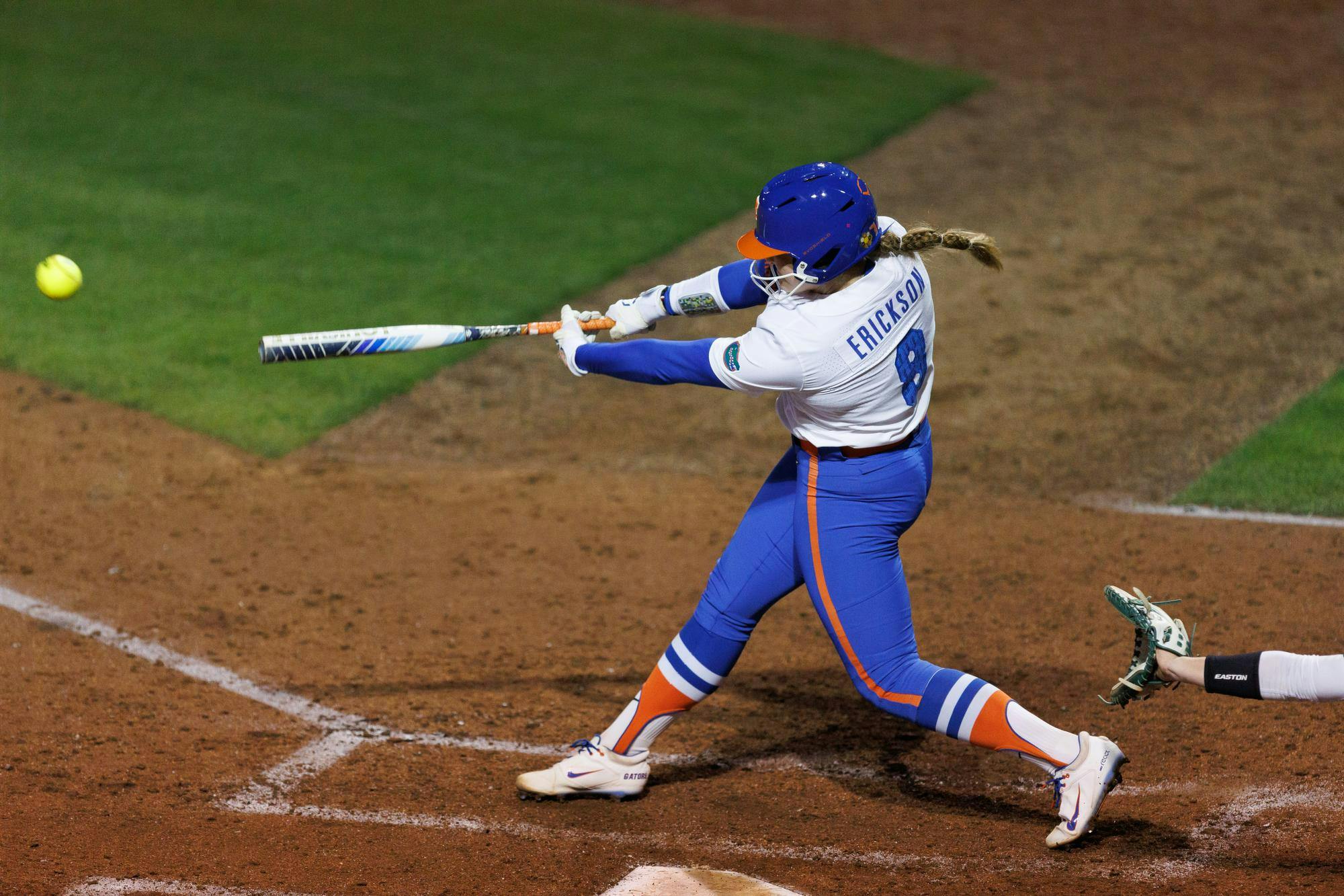 Florida Gators catcher Jocelyn Erickson hits the ball during an NCAA softball game against Jacksonville, Wednesday, Feb. 11, 2026, in Gainesville, Fla.