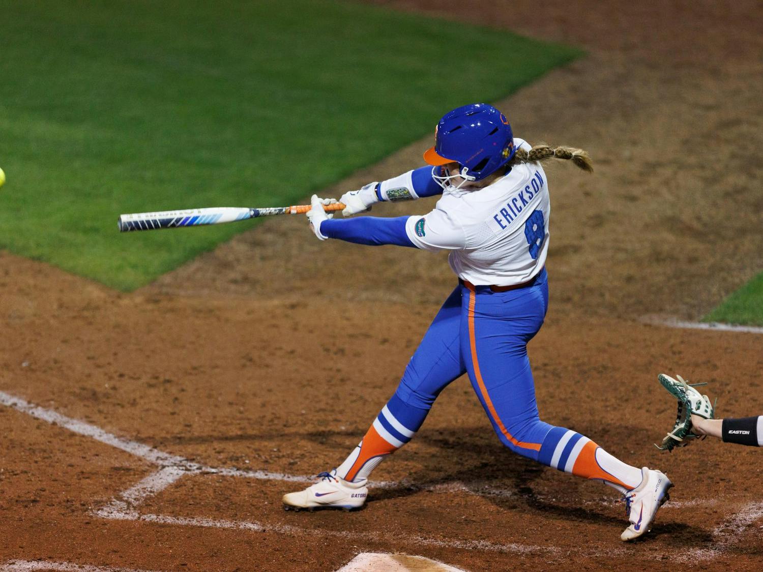 Florida Gators catcher Jocelyn Erickson hits the ball during an NCAA softball game against Jacksonville, Wednesday, Feb. 11, 2026, in Gainesville, Fla.