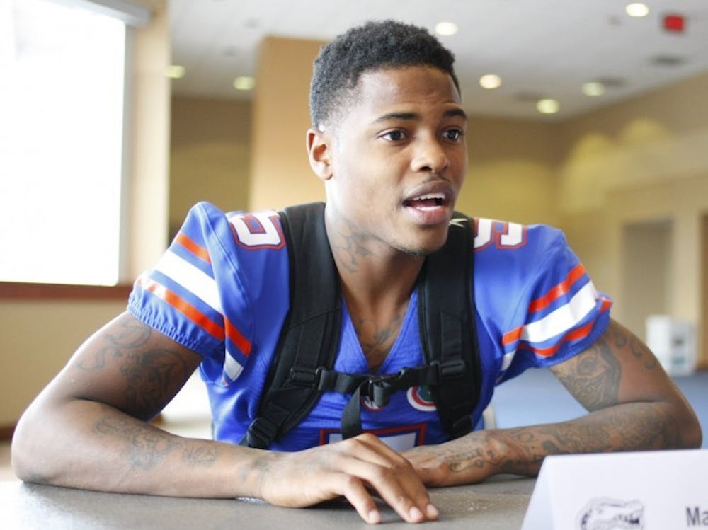 <p>Marcus Roberson (5), talks to media during UF Media Day at Ben Hill Griffin Stadium on Aug. 2.</p>