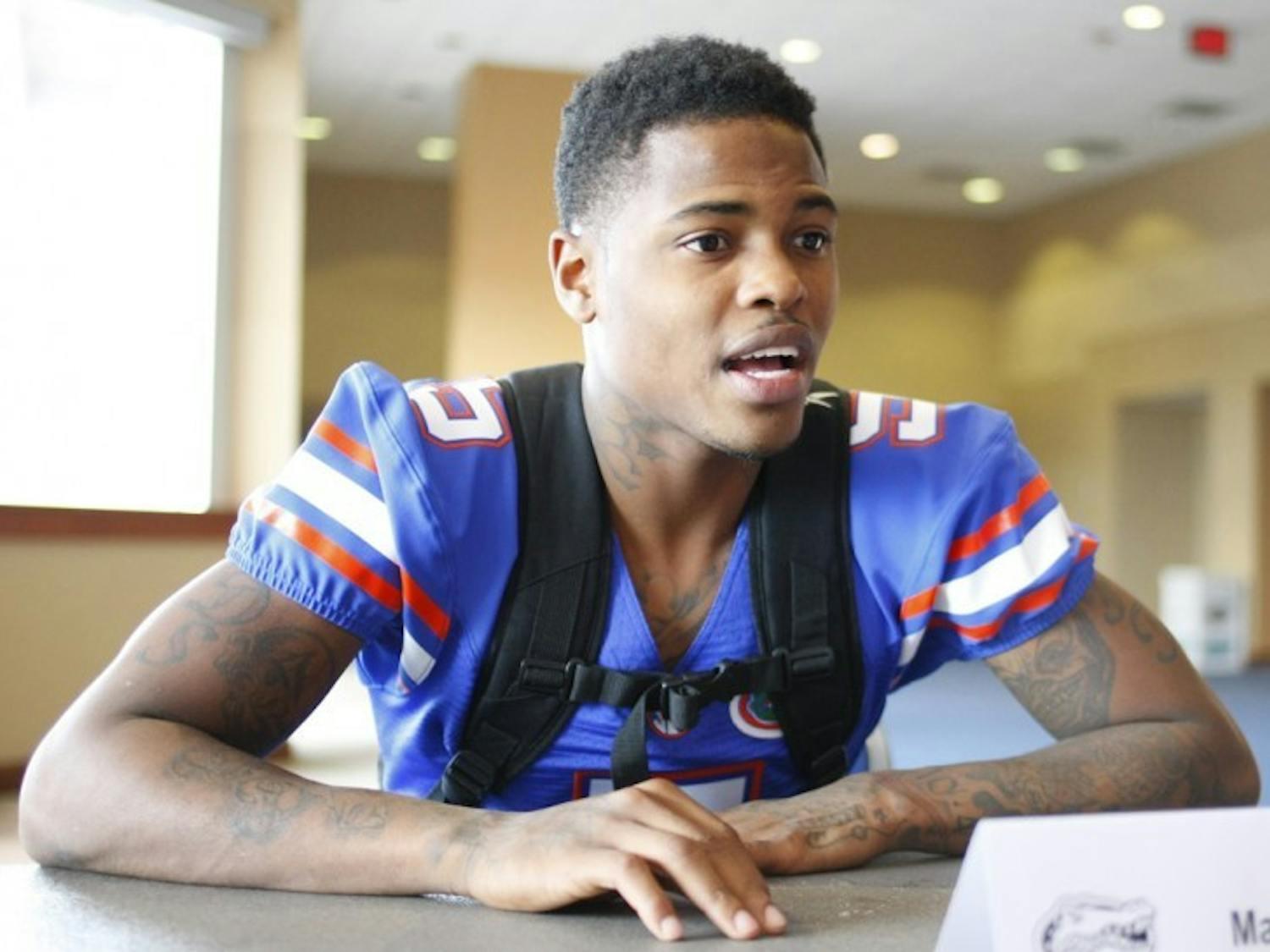Marcus Roberson (5), talks to media during UF Media Day at Ben Hill Griffin Stadium on Aug. 2.