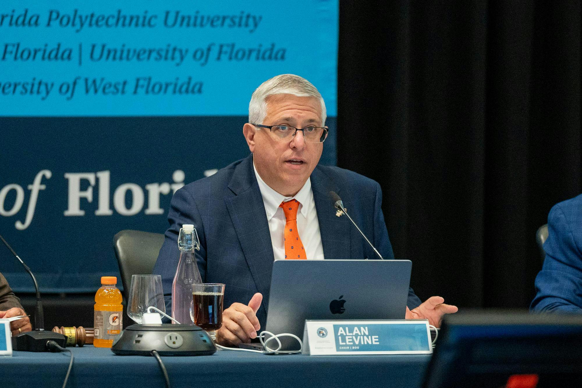 Chairman Alan Levine speaks to the room at a Board of Governors meeting inside the Grand Ballroom of the Reitz Union, Wednesday, Sept. 30, 2026, in Gainesville, Fla.