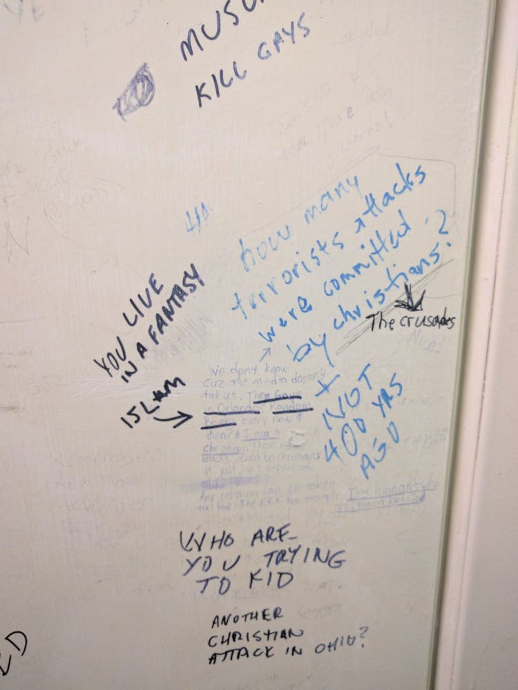 Anti-Muslim graffiti was found in a bathroom stall in McCarty Hall B on Thursday. Among the writings were statements like, 'Muslims kill gays.' The graffiti has since been taken down.