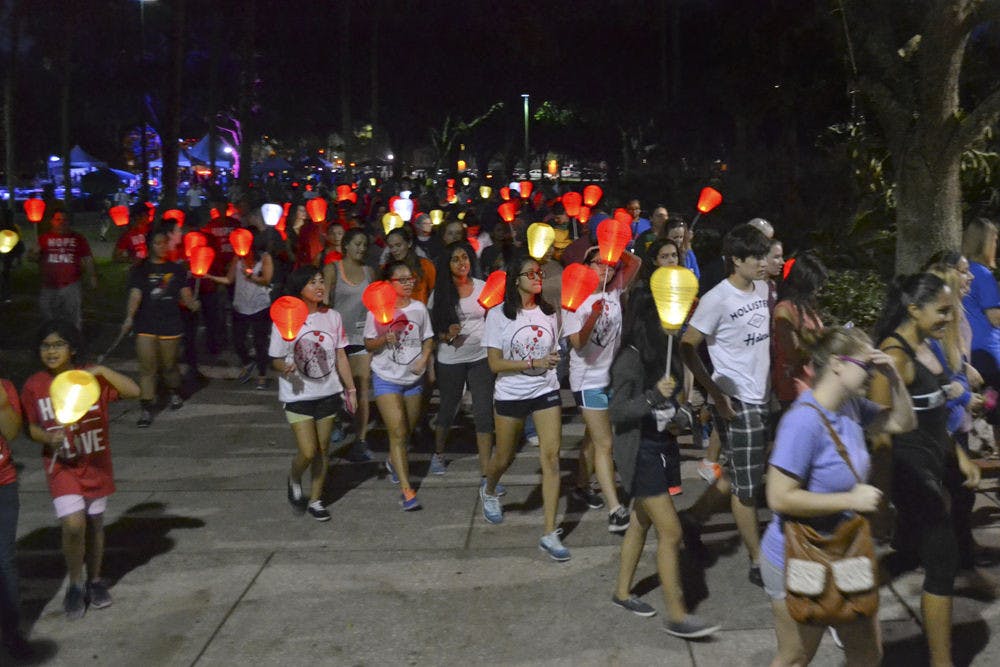 <p>Hundreds of supporters, patients and survivors of leukemia and lymphoma walked with colored lanterns at the Light the Night Walk on Oct. 22, 2015, outside Ben Hill Griffin Stadium. Red lanterns marked supporters, yellow lanterns signified those who had lost a loved one and white lanterns indicated survivors and patients. The event raised money to fund research to find blood cancer cures.</p>