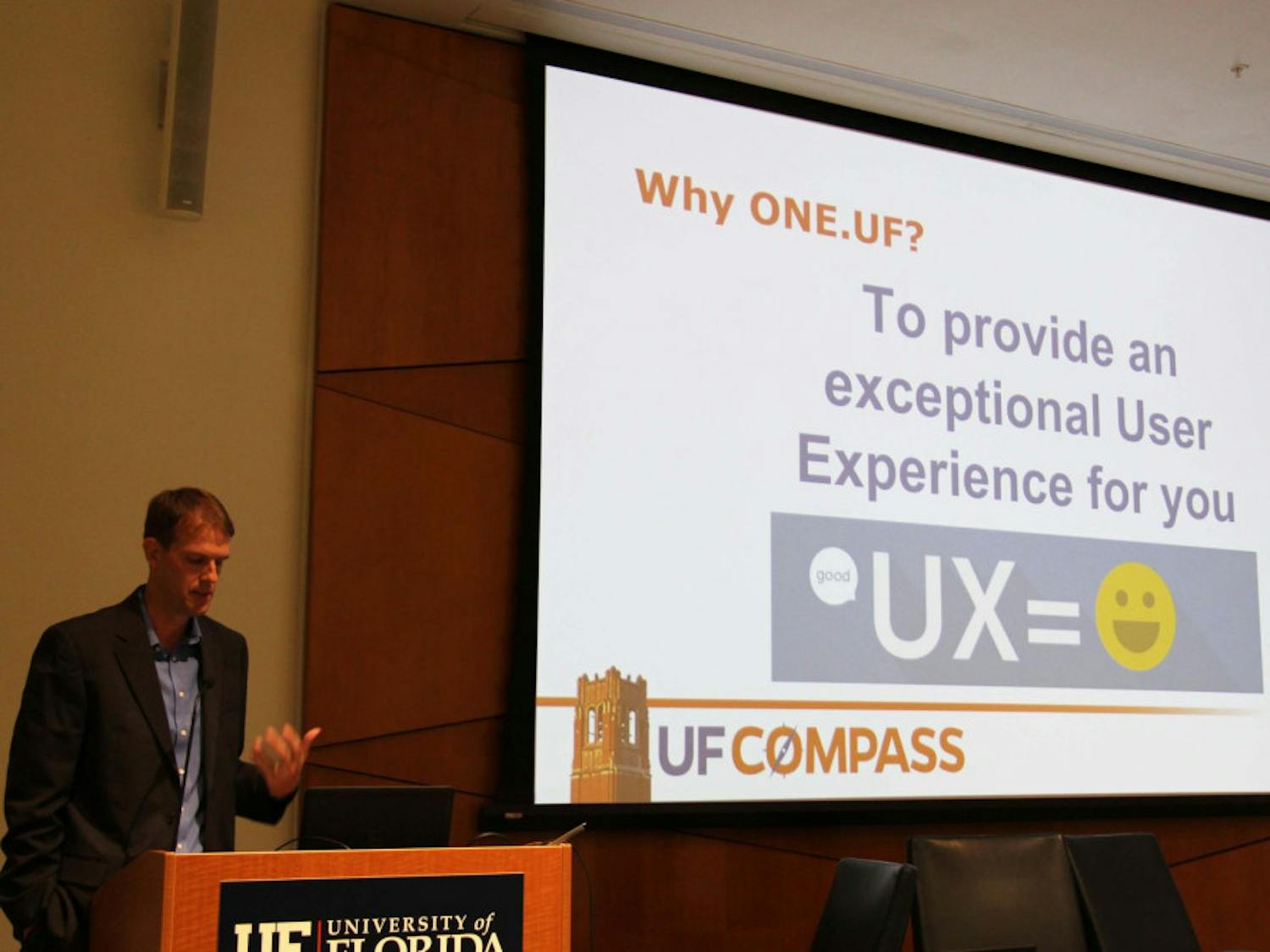 Jacob Prater, a UF Information Technology Application Developer Analyst, giving a presentation on ONE.UF.