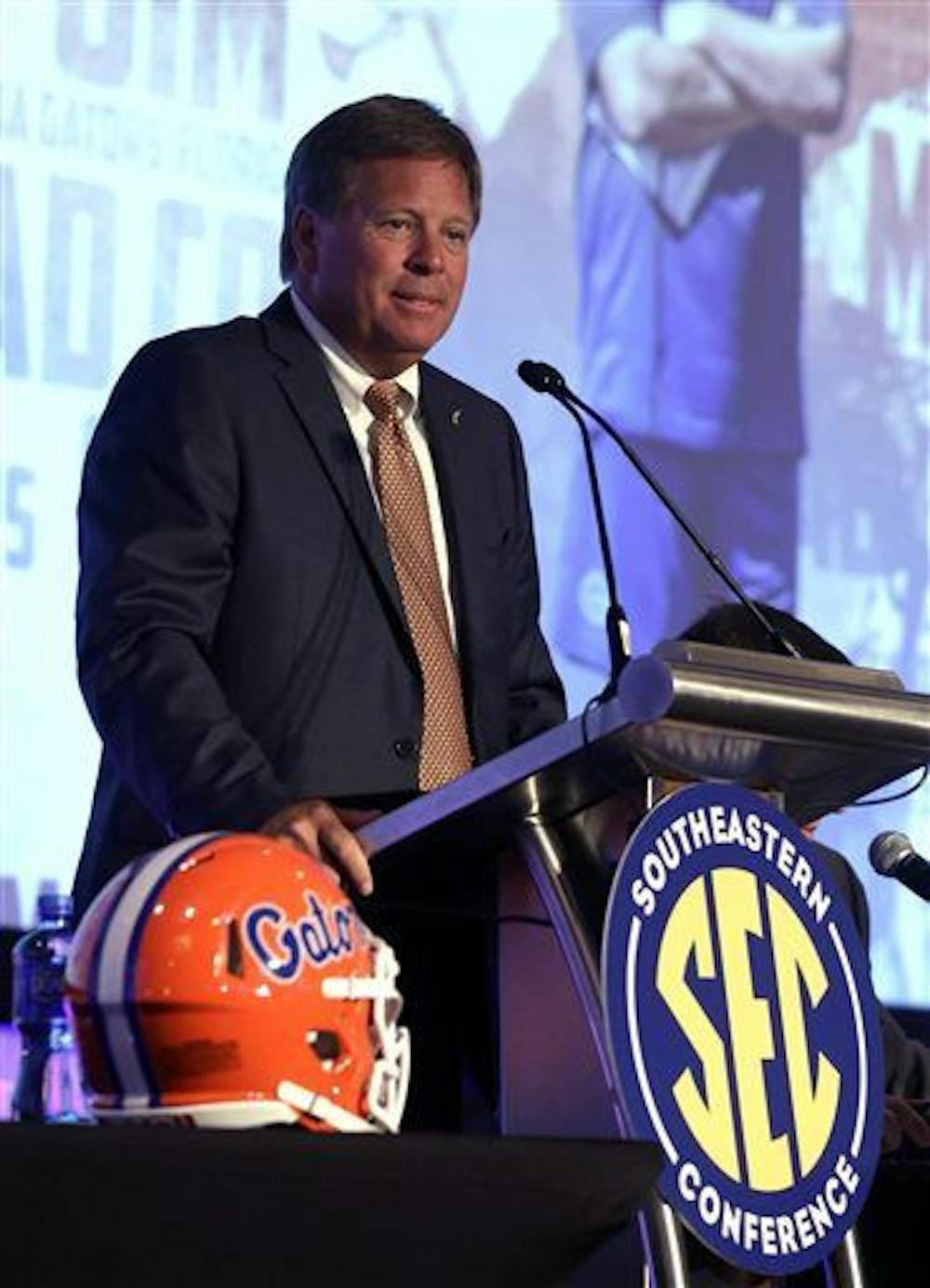 <p>Florida coach Jim McElwain speaks to the media during the NCAA college football Southeastern Conference Media Days, Monday, July 13, 2015, in Hoover, Ala. (AP Photo/Butch Dill)</p>
