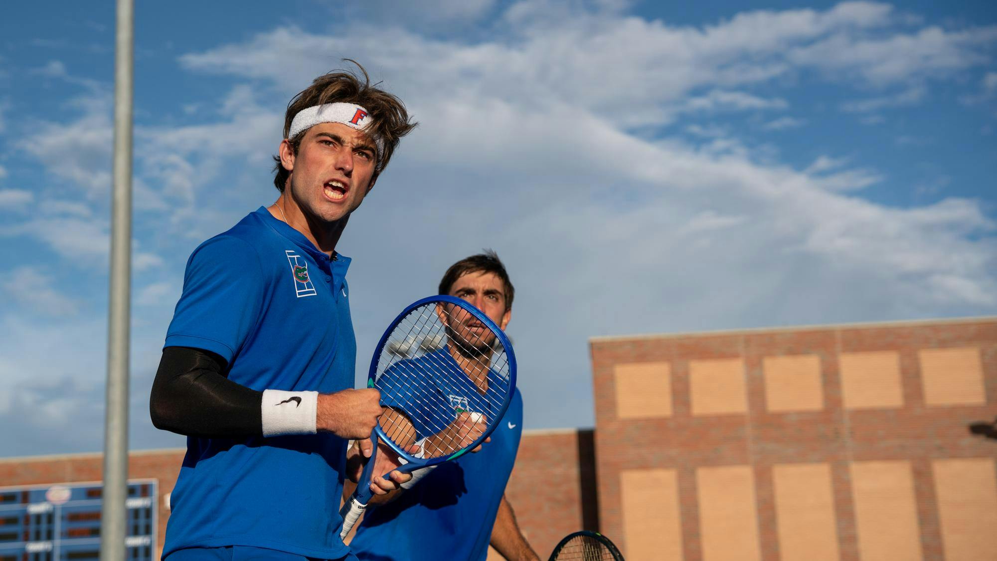 Florida’s Pablo Perez Ramos celebrates after a point in a NCAA men's doubles tennis match against Texas A&M University, Friday, March 6, 2026, in Gainesville, Fla.