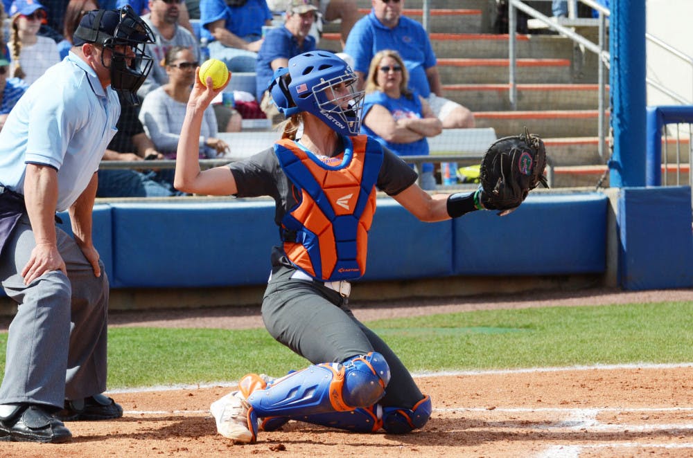 Aubree Munro catches during Florida's 7-1 win against Kansas on Feb. 21 at Katie Seashole Pressly Stadium.