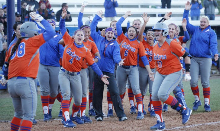 Lauren Haeger (17) runs home after hitting a game-tying homer during Florida’s 4-3 victory against Charleston Southern on Feb. 17 at Katie Seashole Pressly Stadium.
