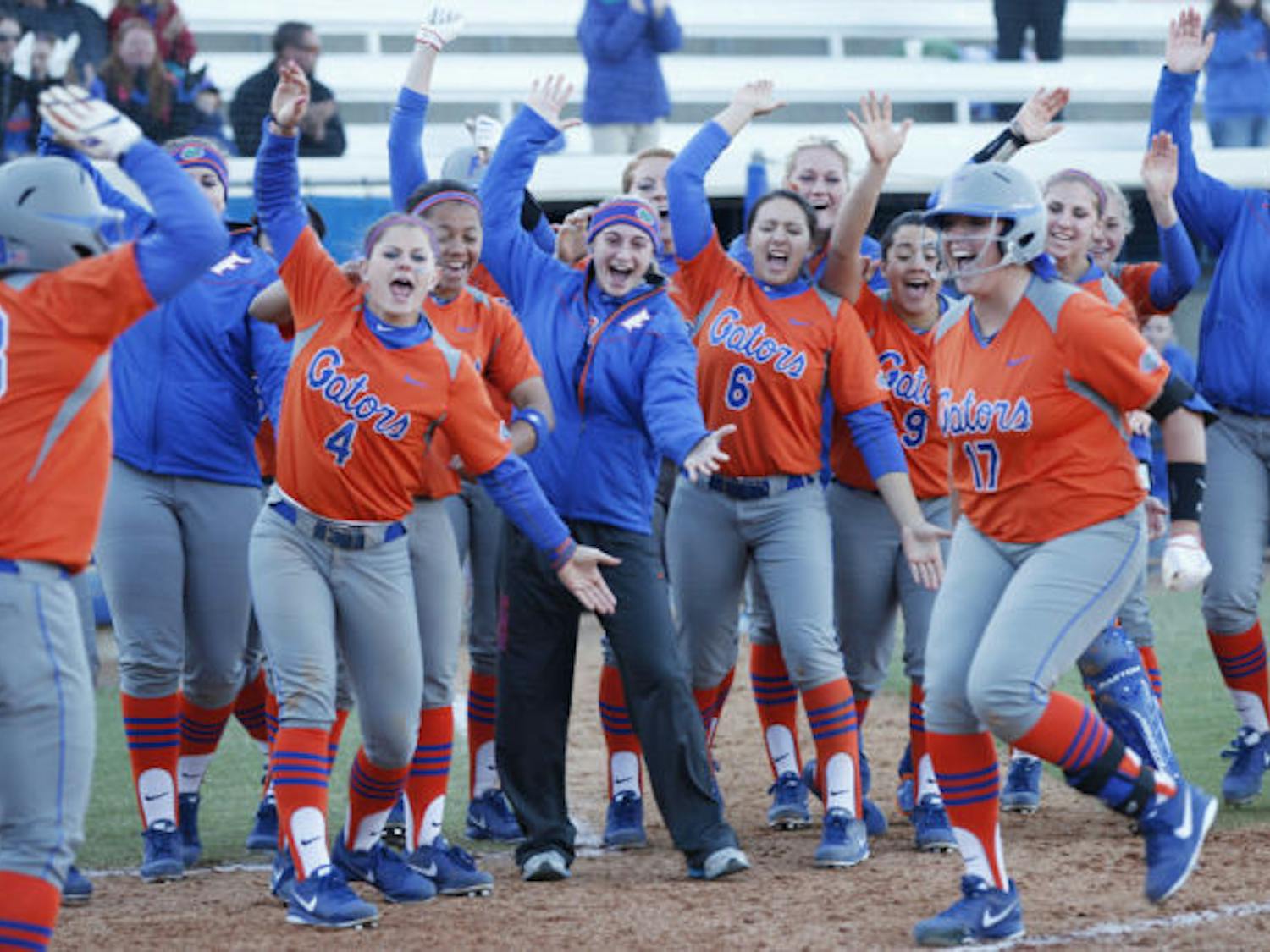 Lauren Haeger (17) runs home after hitting a game-tying homer during Florida’s 4-3 victory against Charleston Southern on Feb. 17 at Katie Seashole Pressly Stadium.
