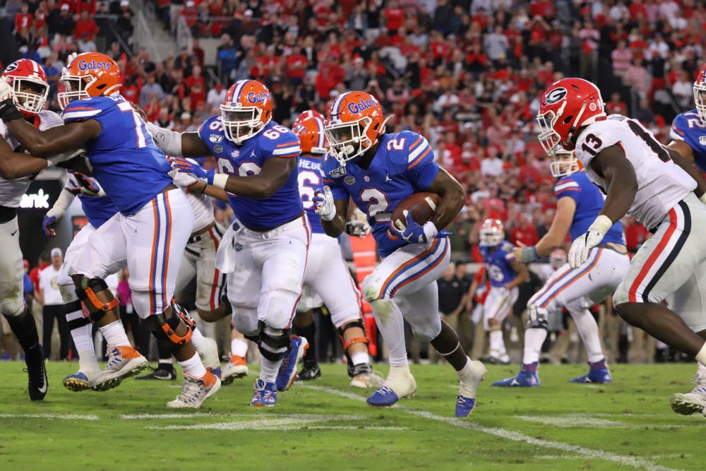 <p>Former Gators running back Lamical Perine at the Florida-Georgia game last year. After having a lackluster run game in 2019, run blocking and explosiveness are too clear areas for Florida to improve on in 2020. </p>