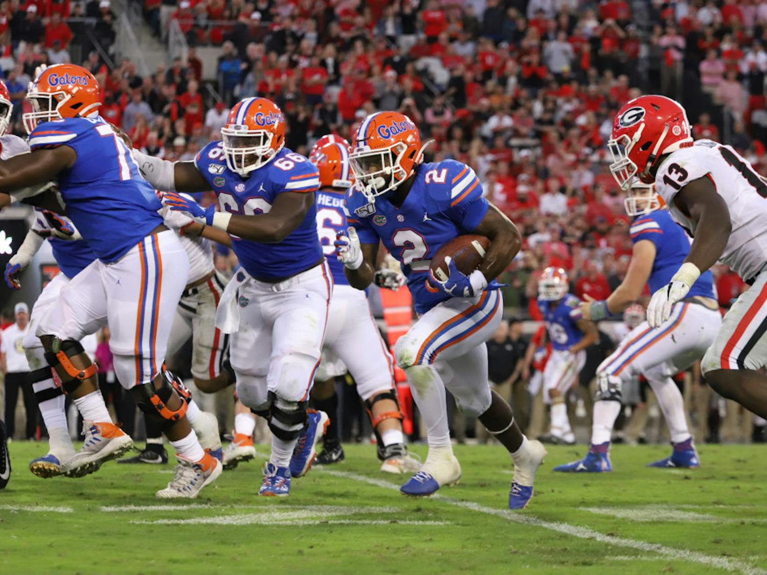 Former Gators running back Lamical Perine at the Florida-Georgia game last year. After having a lackluster run game in 2019, run blocking and explosiveness are too clear areas for Florida to improve on in 2020.